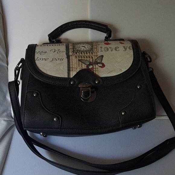 Handbags - Like new Darling thick black pleather purse with cute "Love you" and butterfly